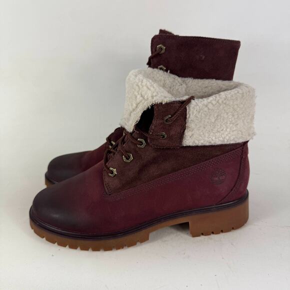 Timberland Jayne Fleece Boots 7.5 Burgundy Leather Round Toe Lace-up Mid-Calf - Picture 5 of 9